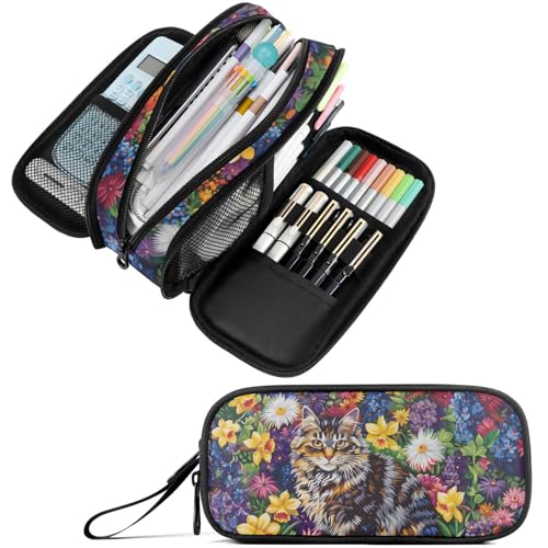 Image of Fustylead Vibrant Hand Draw Cat and Various Spring Floral Pencil Pen Case with 3 Compartments, Lightweight & Spacious Stationery Bag Cosmetics Bag