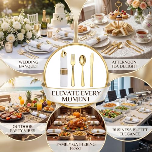 Liacere 100Pack Pre Rolled Gold Silverware and Napkin-Disposable Gold Plastic Utensils-Wrapped Plastic Cutlery Set with Napkin:100 Forks,100 Knives,100 Spoons,100 Napkins for Wedding & Party by Liacere - Image 3
