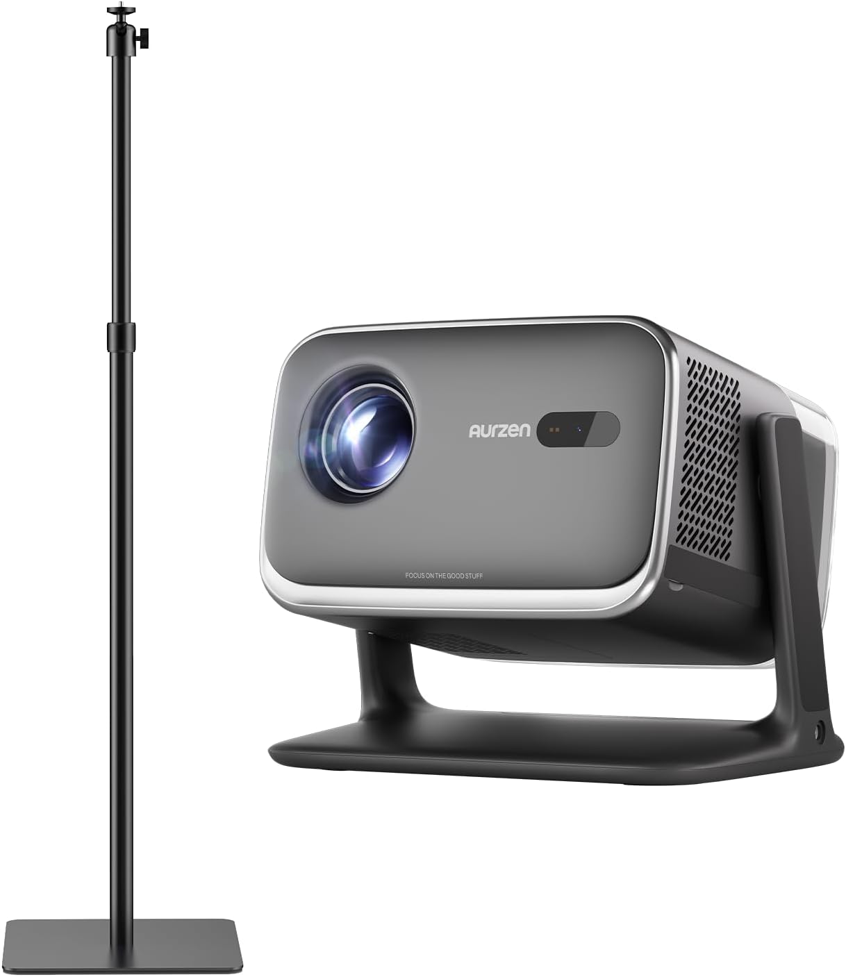 Aurzen BOOM mini Smart Projector Bundle with Adjustable 17.3–43.3 in Height Projector Stand, 20W Dolby Audio, Real-Time Focus, 4K Supported Smart Portable Home Theater Projector Outdoor, Black