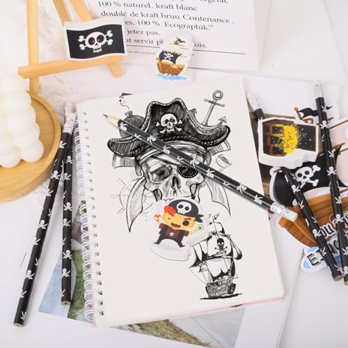 Ezydka Piraten Bleistifte Set HB Bleistift mit Radiergummi Mitgebsel 24 Bleistifte und 8 Groß Radiergummis für Kinder Geburtstag, Schulanfang zum befüllen, Weihnachten oder Fasching