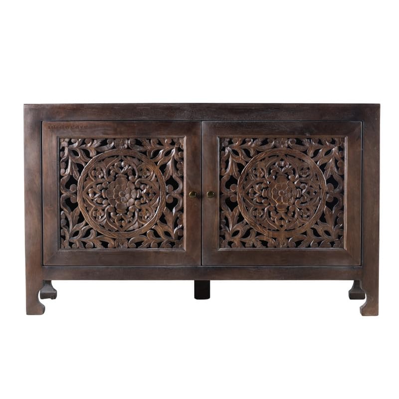 Image of Yepa Wooden Sideboard Cabinet for Living Room | Handcrafted Solid Wood Storage Cabinet with Carved Doors | Crockery Cabinet for Home | Crockery Furniture for Home (Walnut)
