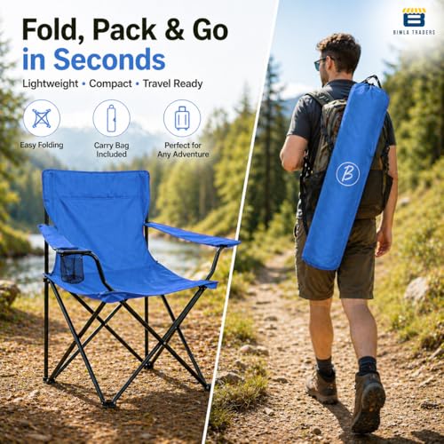 Image of BTAG Foldable Camping Chair with Armrest & Cup Holder, Portable Outdoor Chair with Carry Bag for Camping, Picnic, Fishing & Travel - Blue