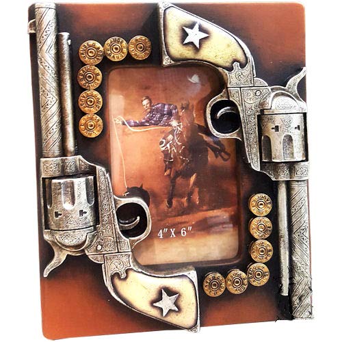 Rustic Western Themed Picture Frame 4" x 6" - Cowboy Old West Countertop Photo Holder - Double Six Shooters Guns Bullets Ammo Style Country Tabletop Frame