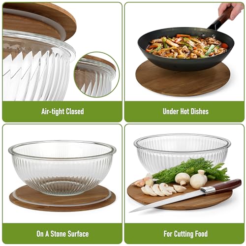 Set de 3 tazones de vidrio apilables con tapas de acacia miniatura 4