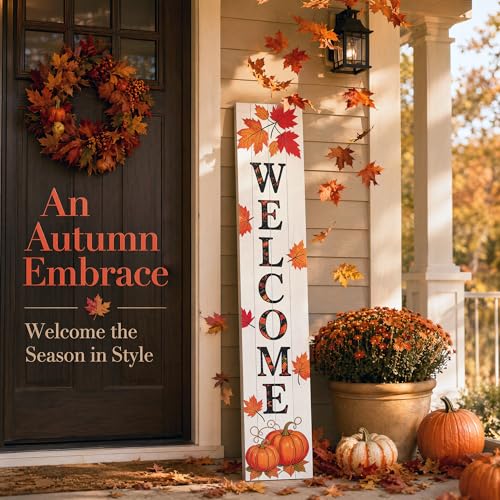 Image of Vertical Wooden Fall Welcome Porch Sign,Rustic Autumn Porch Standing Sign,Decorative Leaning Sign for Front Entrance,Farmhouse Style Outdoor Welcome Decoration-47.2 inch H.