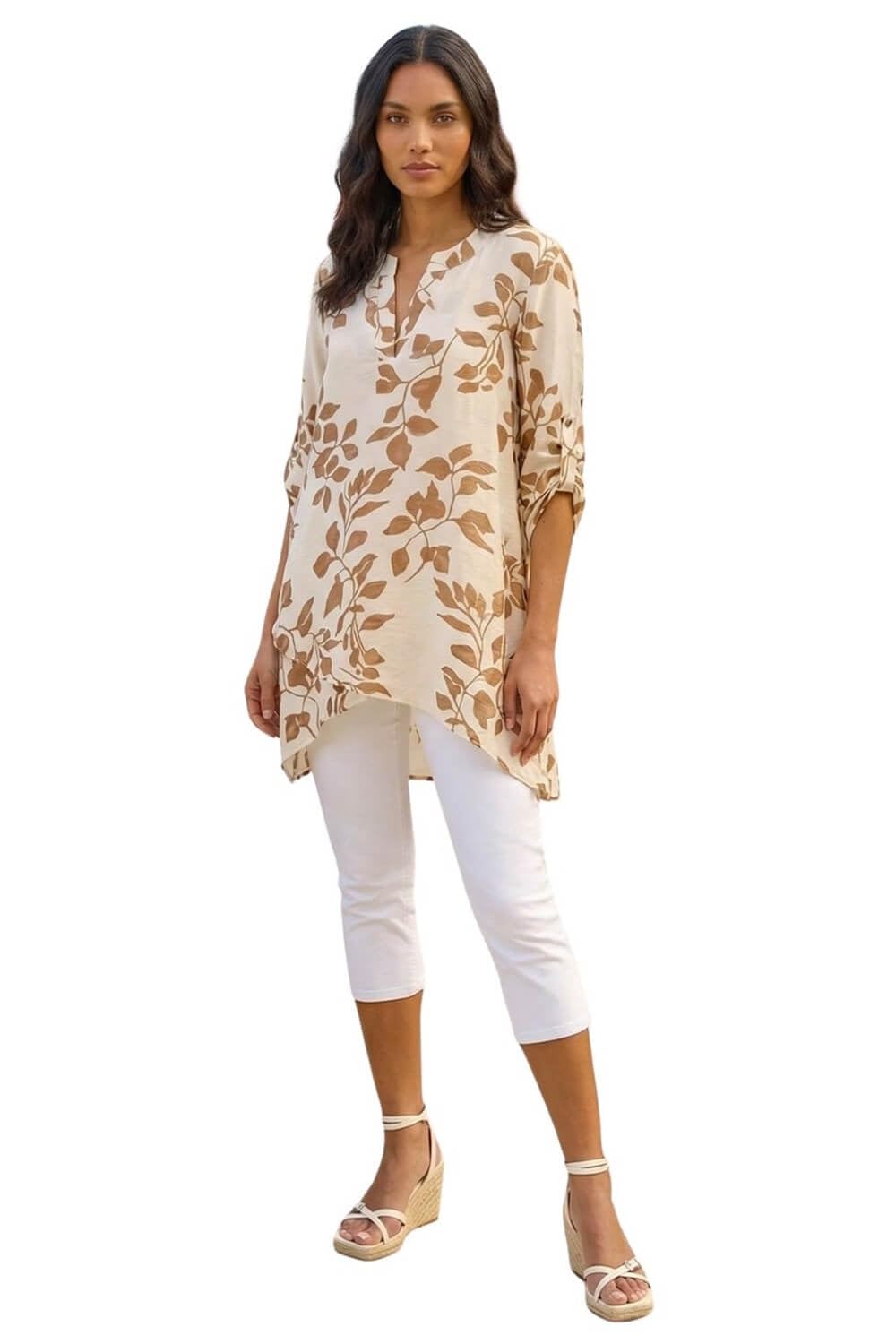 Roman Women's Cream Leaf Print Wrap Hem Tunic Top Size 14