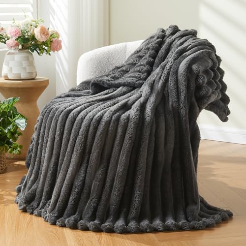NEWCOSPLAY Super Soft Throw Blanket Grey Premium Silky Flannel Fleece 3D Ribbed Jacquard Lightweight Bed Blanket All Season Use (Grey Ribbed, Throw(50'x60'))