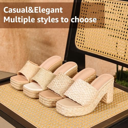 Image of Yavero Espadrille Platform Sandals For Women Raffia Chunky Heels Open Toe Bohemia Sandals for Vacation,Beach
