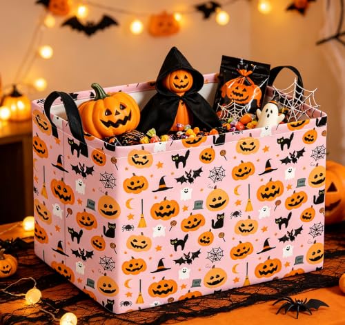 Image of Rectangle Storage Basket with Handles,Collapsible Storage Bin,Books Box,Gift Basket(Pink Cat Halloween)