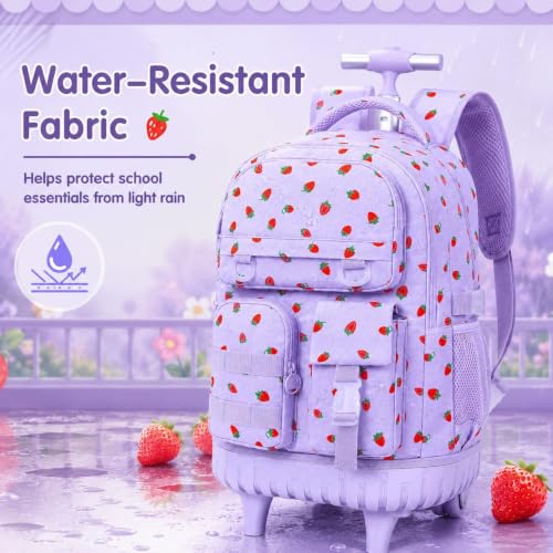 Image of CCJPX 3Pcs Rolling Backpack for Girls, Roller Wheeled School Bookbag, Strawberryra Wheels Backpacks with Lunch Box for Kids (Purple)