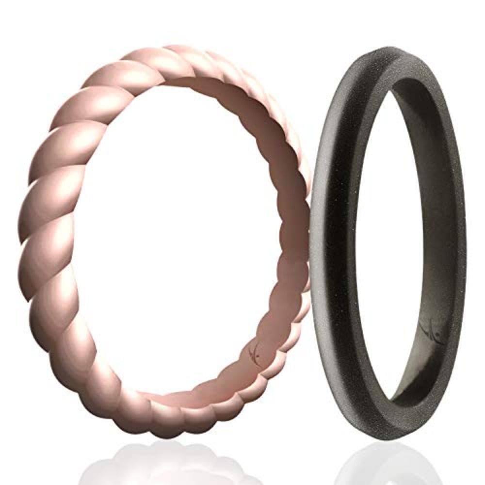 ROQ Silicone Rubber Wedding Rings for Women, Thin Braided Point Stackable Rubber Silicone Wedding Band, Bridal Jewelry Set, Anniversary Rings, Promise Ring, 2.55mm Wide 2mm Thick, 2 Pack, Rose Gold & Black, Size 10