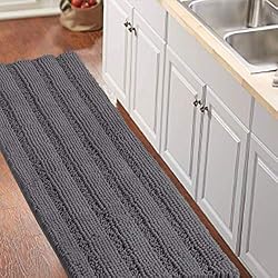 Turquoize Bathroom Runner Area Chenille Rug Oversize Non-Slip Shag Kitchen Shower Bath Mat Extra Long Grey Striped Washable for Bathroom, Gray, Size 59