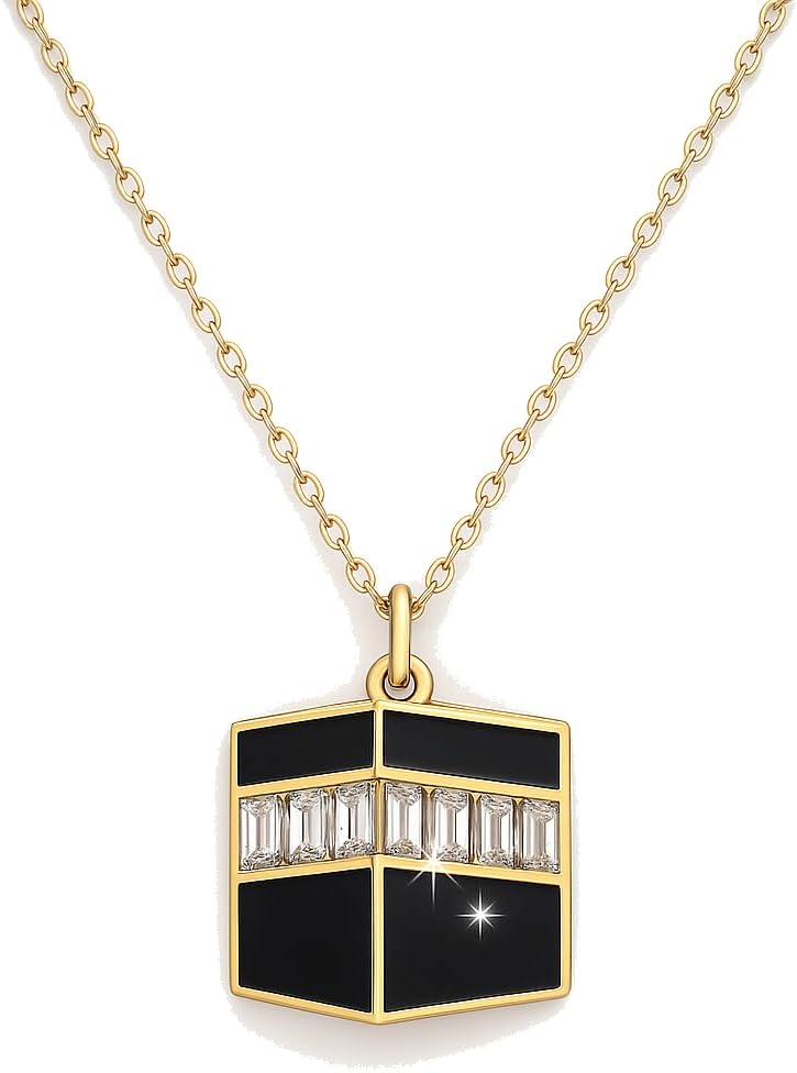 Gold Kaaba Necklace by MAHJ - Muslim Islamic Ramadan Eid Gifts, 14K Plated Pendant Necklace, Adjustable 16-22" Chain, Allah Mecca, Saudi Arabia, Arabic Jewelry for Women, Islamic Jewelry Women & Men