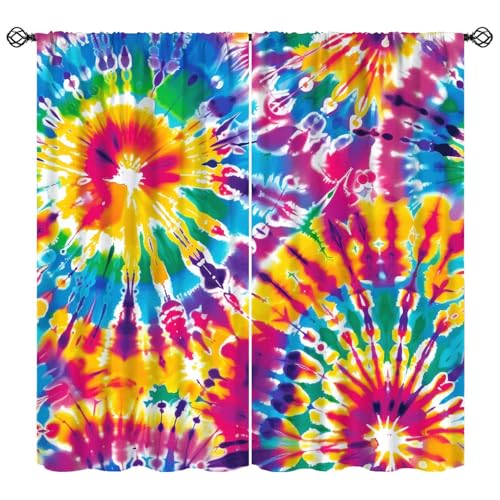 Djaby Tie Dye Curtains, Boho Rainbow Abstract Spiral Colorful Mandala Pattern Print Rod Pocket Window Drapes for Bedroom Living Room 42' W X 45' L(Blackout 30%)