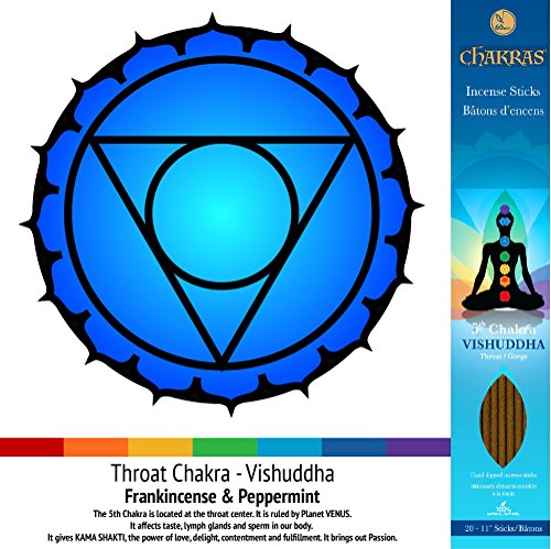 7 Chakras - 5 Vishuddha - Throat - Communication - Primary Aromas Are Frankincense & Peppermint - 11 Inch - 60 Minutes - 3X 20-Pack - 100% Natural Hand Dipped Incense Sticks #TOP1