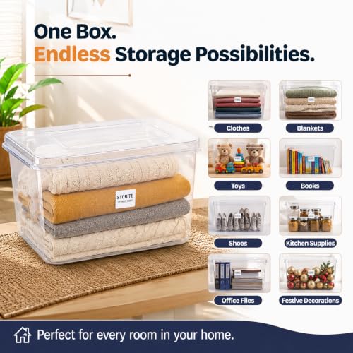 Image of Storite 2 Pcs 45L Plastic Storage Box with Lid-Stackable Organizer Box | Storage Box for Clothes,Kids Toys, Kitchen - Plastic Storage Container Basket for Home, Office, Bathroom(Transparent)