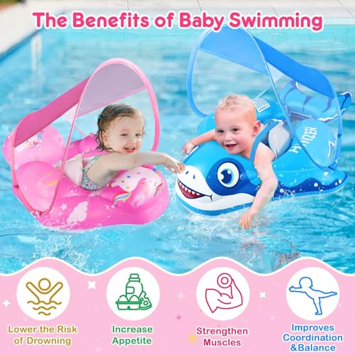 Baby Swimming Pool Floats with Canopy Unicorrn Inflatable Infant Pool Float UPF 50+UV Sun Protection and Anti-flip Tail for 3-36 Months Kids Swim Ring Water Toys Summer Pool Toys for Boys Girls