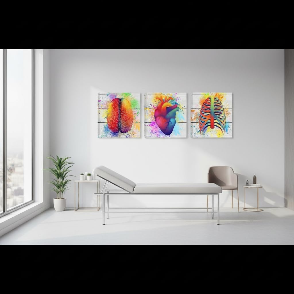 DuoBaorom Human Brain Rib Cage Heart Canvas Wall Art 3 Pieces Anatomical Artwork Clinic Medical Office Wall Decor 12"x12"
