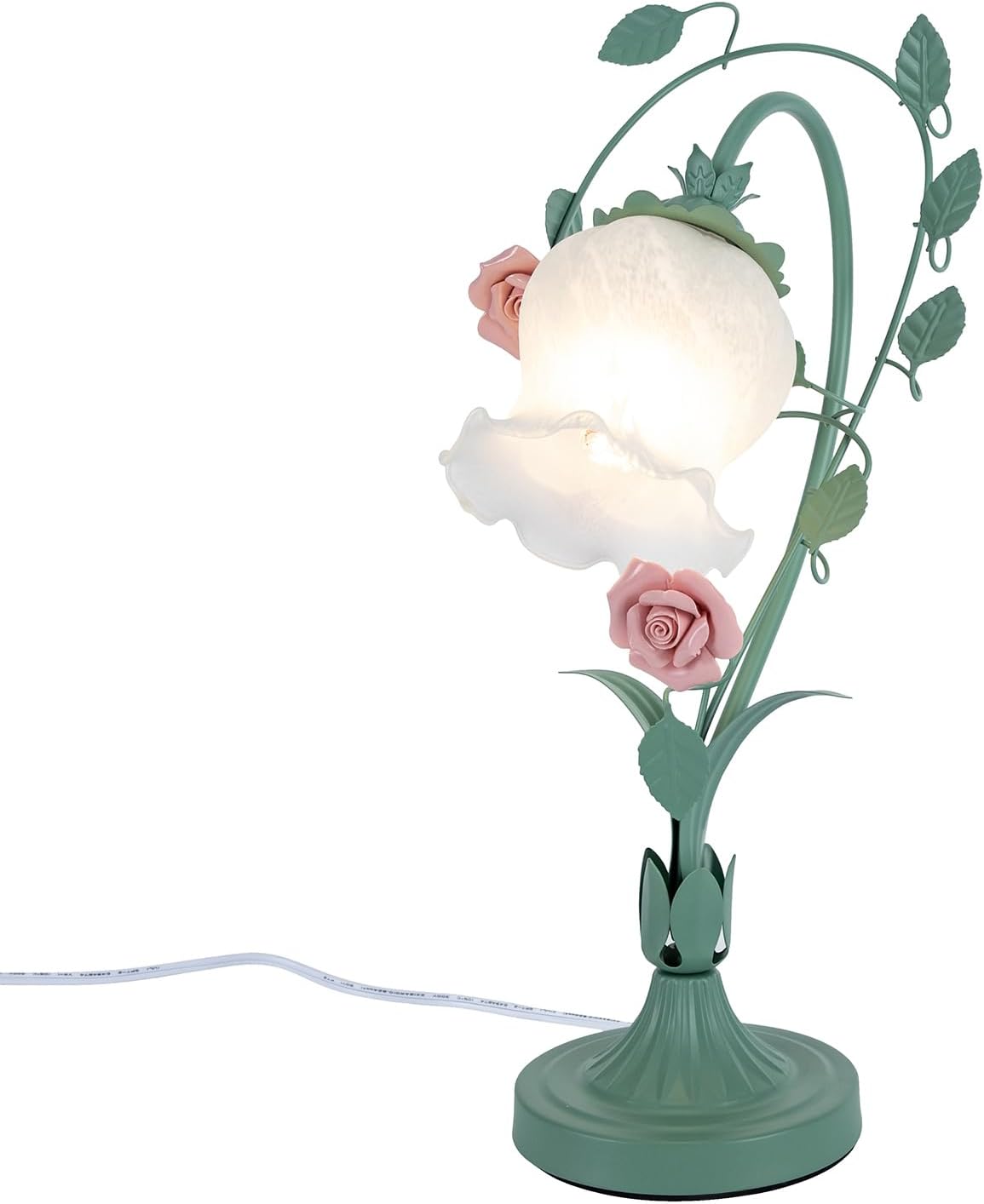 Flower Glass Table Lamp Vintage Bedside Nightstand Lamp with 5.12-Inch Wide, Glass Lampshade, Pad Base Rose Light for Bedroom Office Dresser, E26 Bulb Not Included (Green & Pink)