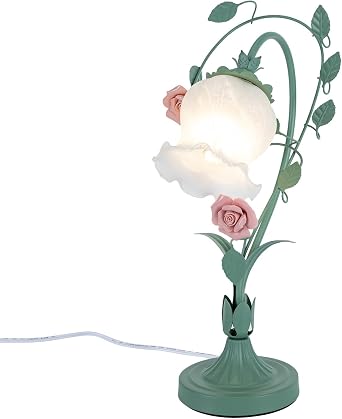 Modern Bedside Lamp, Stained Glass Flower Table Reading Lamps, Nightstand Desk Lights, One-Light, 20 inches Tall for Bedroom, Living Room, Office, Dresser. Green and Pink