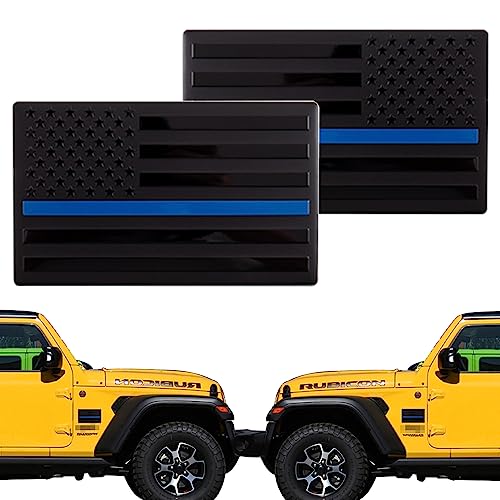 Image of XMUINT Metal American Flag Emblem, 2 Packs 5 inch USA Car Military Patriotic Sticker, Alloy Bumper Fender Door Window Trunk Engine Hood Decal for Car Truck SUV Matte Black Blue Line