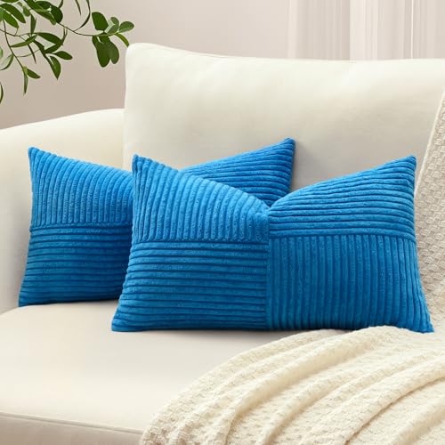 Sungeek Set of 2 Decorative Cushion Covers 30 x 50cm Soft Corduroy Striped Cross Patchwork Textured Pillow Covers Solid Lumbar Throw Pillow Cases for Sofa Bed Patio 12x20 Inch, Blue