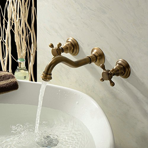 Beelee Wall Mount Double Handles 3 Hole Widespread Bathroom Sink Faucet Antique Brass Finish #TOP1