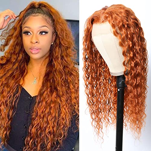 Image of Sunber Ginger Orange Water Wave Lace Front Wigs 13x5x0.5 T Part Human Hair for Women 10A Brazilian Virgin Hair #88J Burnt Orange Colored Wig Pre Plucked with Baby Hair 150% Density 18Inch