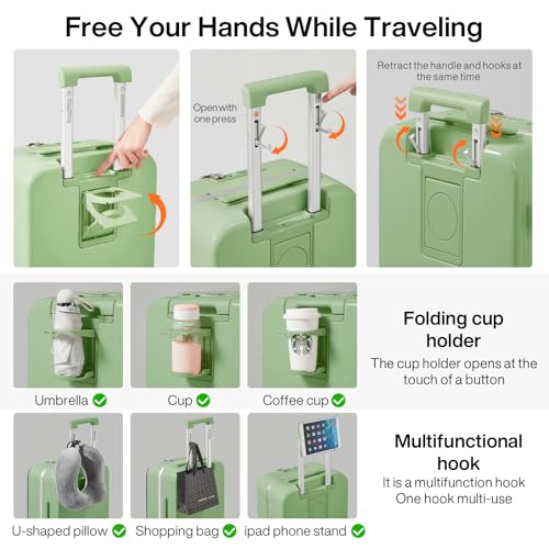mixi Checked Luggage with Cup Phone Holder and Charger Hard Shell Suitcases with Spinner Wheels, 24 Inch Avocado Green
