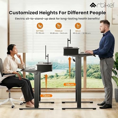 Image of ARTIKEL Valor Lite Electric Height Adjustable Standing Desk with Storage Drawers & Shelves| Sit-Stand Desk for Home Office |Ergonomic Workspace Table|120x60cm|Black