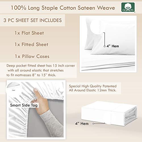Pizuna 400 Thread Cotton Twin-XL-Sheet Sets, 3pc 100% Long Staple Cotton Twin XL Sheets, Luxurious-Sateen Sheets Deep Pocket fits Upto 15 Inch (100% Cotton White-Bed Sheets Set Twin XL)