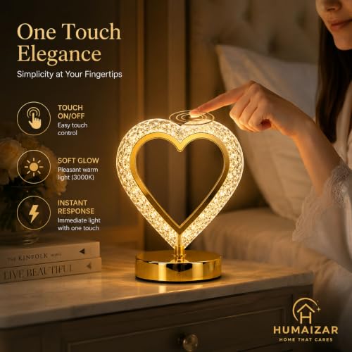Image of HUMAIZAR Heart Crystal Rechargeable LED Table Lamp, USB Type-C Charging, Touch Control, Warm White LED, Premium Gold Metal & Crystal Acrylic Night Light for Bedroom, Living Room, Home Decor & Gift