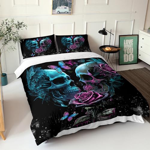 AILONEN Sugar Skull Duvet Cover Set Queen Size, 3D Rose Couple Bedding Set, Romantic Flower Comforter Cover Set 3 Pieces, 1 Quilt Cover and 2 Pillowcases (No Comforter)
