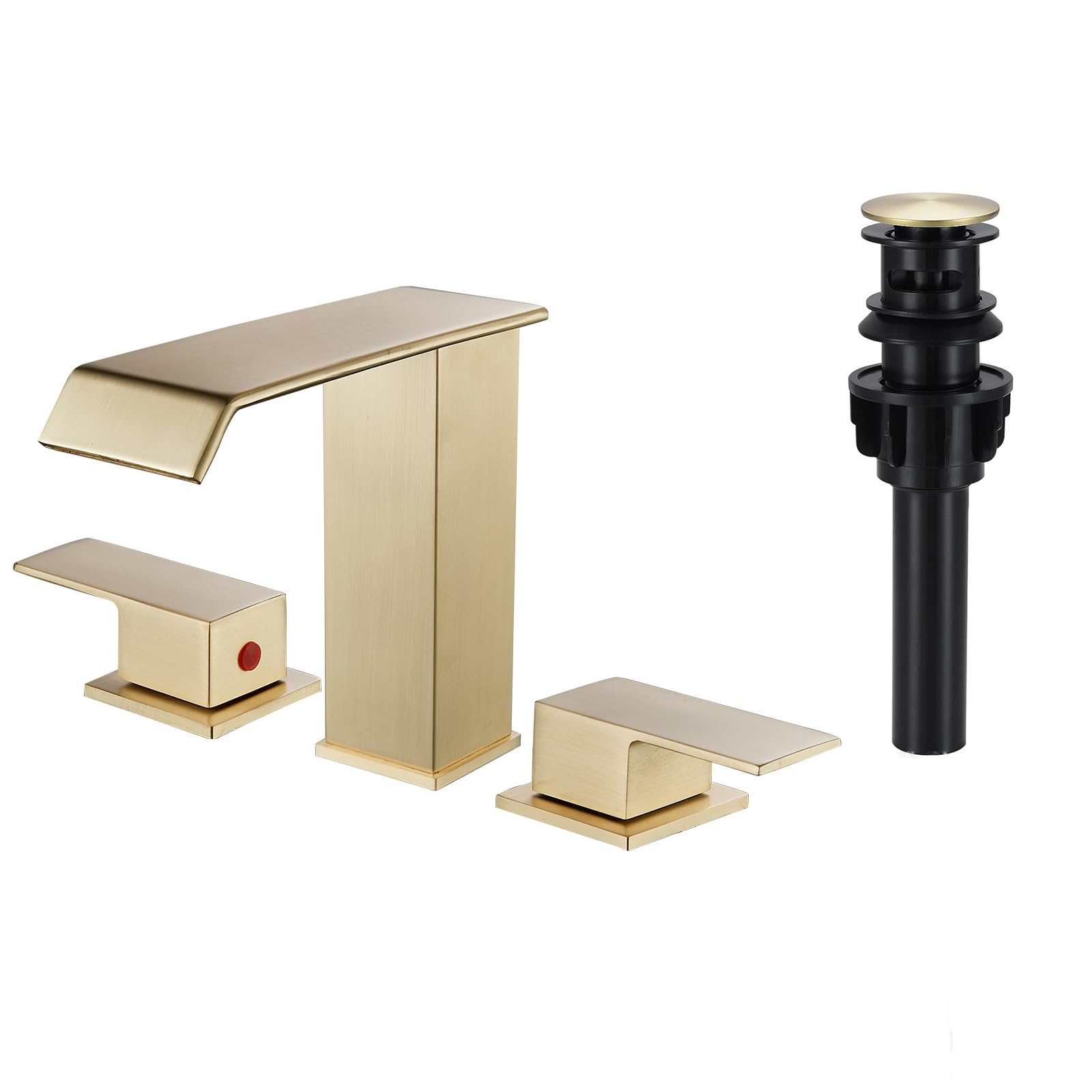 Rubinetto per bagno a 2 maniglie, 3 fori, cascata, oro spazzolato, rubinetti per bagno a fori larghi da 8-16 pollici, rubinetto per lavabo in ottone, mobiletto lavabo con piletta a scomparsa, 2 tubi