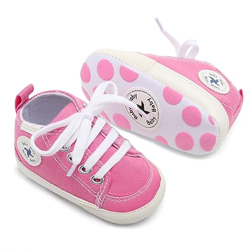 Baby Girls Boys Shoes Soft Anti-Slip Sole Newborn First Walkers Star High Top Canvas Denim Unisex Infant Sneaker (A01-Pink, 6-12 Months) #TOP4