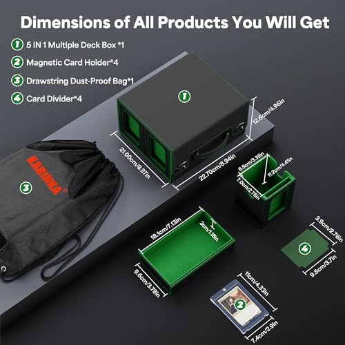Image of Kabinka Commander Deck Box for MTG with Handle, Multi Deck Case with Large Dice Tray Fits 400+ Double-Sleeved Cards, 5 IN 1 TCG Card Storage Box with Commander Display, 35PT Card Holders (Black Green)