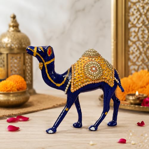 Image of eCraftIndia Handcrafted Blue Camel Showpiece with Kundan Work for Home Decor, Decorative Camel Figurine, Traditional Rajasthani Style Statue for Living Room, Office & Gifting