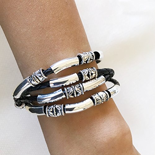 Lizzy James Mini Maxi Silver Plated Braided Leather Women's Wrap Bracelet (Gloss Black, Large) #TOP1