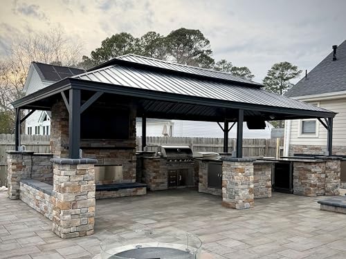 PURPLE LEAF 14' X 24' Outdoor Gazebo with Light Hardtop Gazebo with Metal Roof for Patio Lawn and Garden Large Pavilion Grey