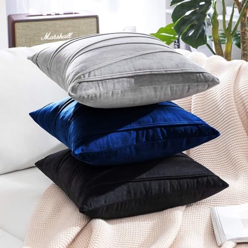 Image of Khooti Velvet Striped Cushion Cover Pack of 1-34 inchX34 inch /86X86 Cm | Navy Blue | Soft Pillow Covers Cushion Case for Sofa Bedroom Living Room Chair Car, Cushion Cover with Zig Zag Pattern