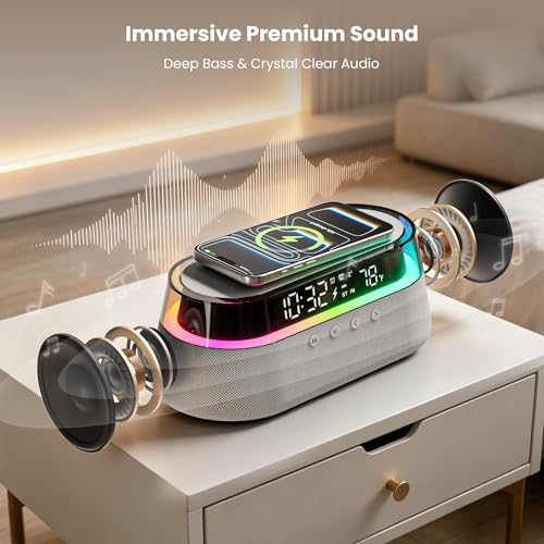Image of 6-in-1 Bluetooth Speaker Alarm Clock with Remote, 15W Fast Wireless Charger, FM Radio & Dimmable LED Night Light, Dual Digital Clock for Bedroom Home Office, Ideal Gifts for Him, Men Women