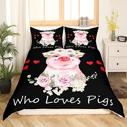 Grils Pink Pig Comforter Cover Cartoon Pigs Pattern Bedding Set Kawaii Animals Sweetheart Floral Print Duvet Cover For Children Kids Boys Microfiber Bedspread Cover Room Decor Bedclothes Queen #TOP2