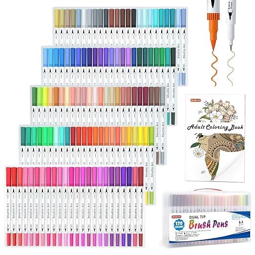 GOODIEBOX 120 Colors Dual Tip Brush Art Marker Pens With 1 Coloring Book, Art Fine & Brush Dual Tip Markers Set For Journal, Adult Coloring, Lettering, Calligraphy, Writing, Doodling