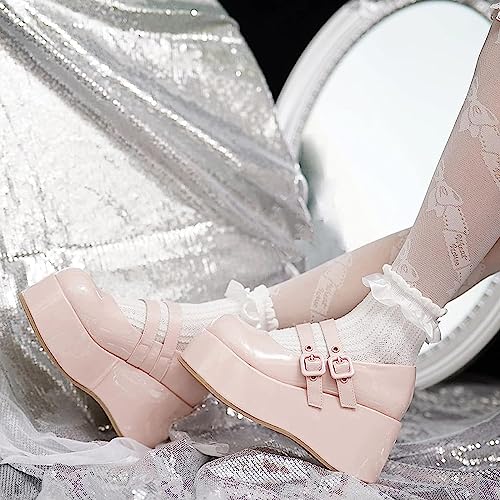 Accloris Platform Mary Jane Shoes Women Girls,Ankle Strap Round Toe Goth Chunky Uniform Dress Pumps Shoes Oxfords Pink #TOP1