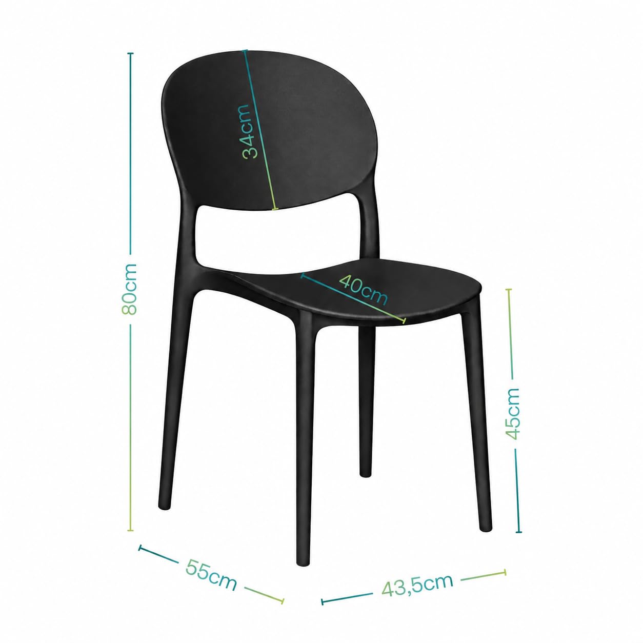PALUPLUS Set 2 Sedie Oslo con Schienale Ovale in Polipropilene, Misura 43,5x55x80 cm, Impilabili e con Gommini Antiscivolo, Sedia da Giardino per Esterno ed Interno -1186F-8,45 (Nero)