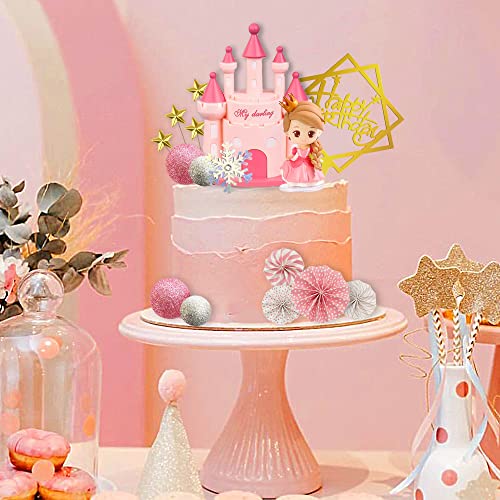19Pcs Princess Cake Topper Castle Cake Decoration For Girl With Snowflake And Stars For Girl Kid Happy Birthday Party Decorations Princess Baby Shower Supplies (Pink) #TOP6