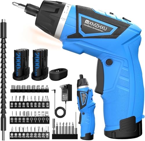 8V Electric Screwdriver,Rechargable Cordless Screwdriver with 2X 2000mAh Battery,6+1 Torque 10N·m Max,47pcs Bits,180°Adjustable 2 Position Handle，LED Light，Flexible Shaft，for Home and Office