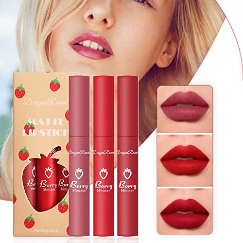 Kdhgoo LIP GLOSS LIPSTICK Strawberry Matte Lipstick Set Teen Girls Cute Velvet Lip Gloss Non-Stick Cup Not Easy To Fade Waterproof Matte Lip Glaze Lipstick 3Pcs thumb #1