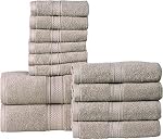 Ensemble de serviettes de bain en coton Hillfair 12 pièces - 600 GSM - Serviettes de spa d'hôtel - 2 serviettes de bain, 4 serviettes à main, 6 gants de toilette - Coton doux et absorbant - Pierre khaki