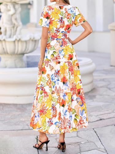 Image of BTFBM Womens Summer Floral Maxi Dresses V Neck Short Sleeve Boho Casual Flowy Long Wedding Guest Dress Beach Vacation